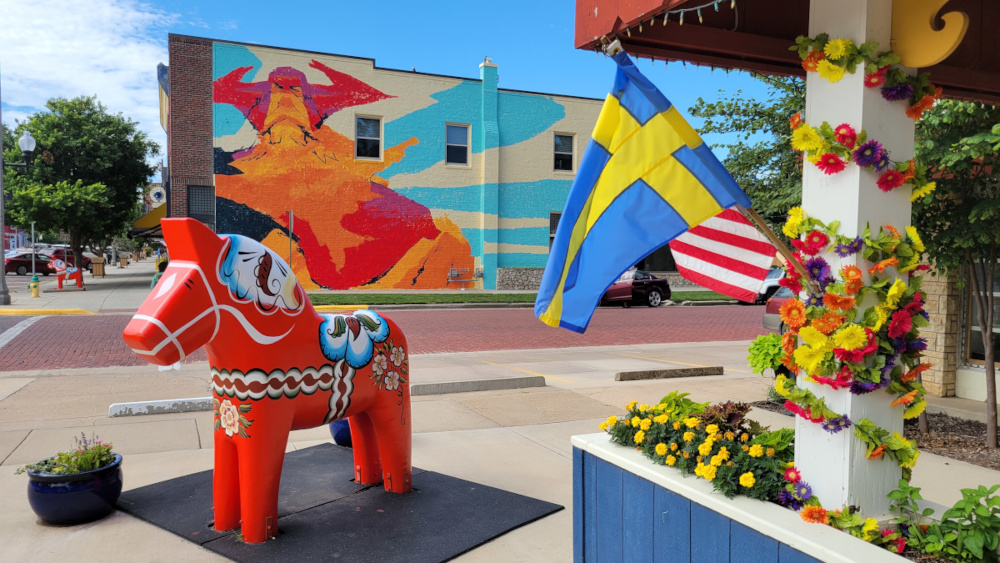 Dala Horse, Mural, and Swedish flag in Lindsborg, Kansas